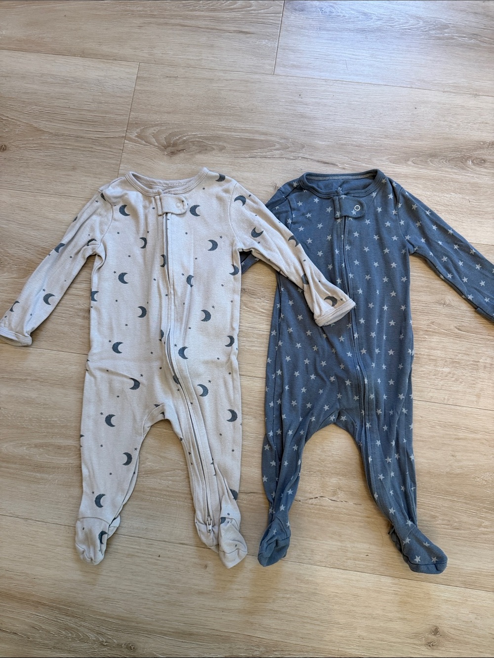 Neutral Moon & Star Footed One-Piece - Soft Beige and Blue
